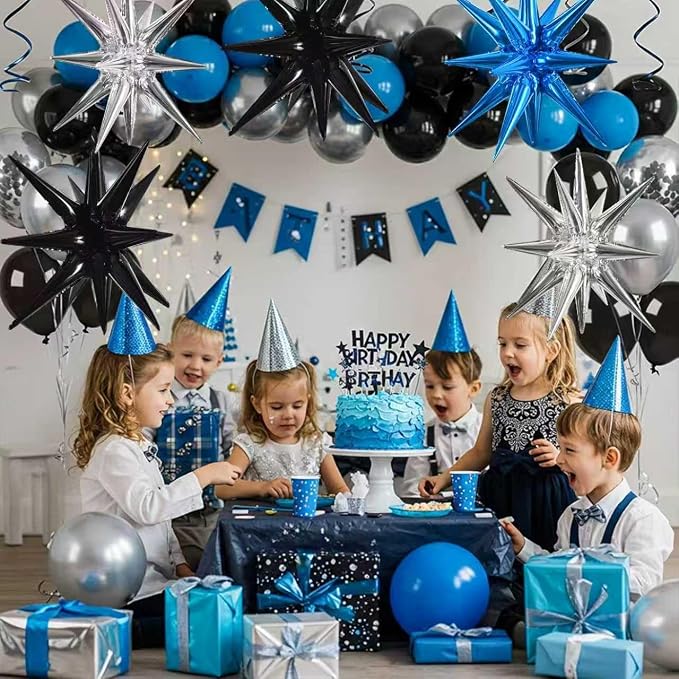 TONIFUL 8Pcs Blue Black Silver Explosion Star Foil Balloon Party Decoration | - Image 4