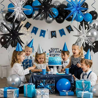 TONIFUL 8Pcs Blue Black Silver Explosion Star Foil Balloon Party Decoration | - Image 4