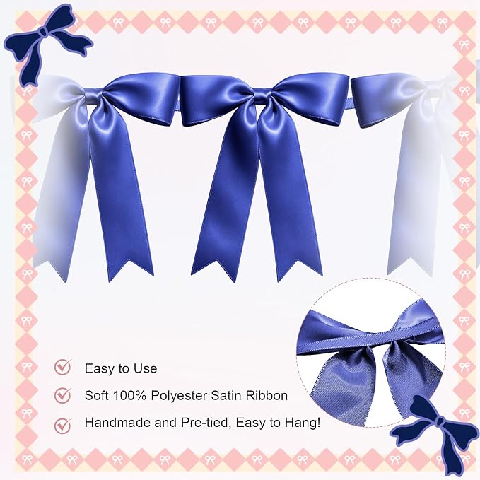2 Strings of 16PCS Navy Blue Bow Garlands Banner Decoration, Pre-Strung Satin - Image 3