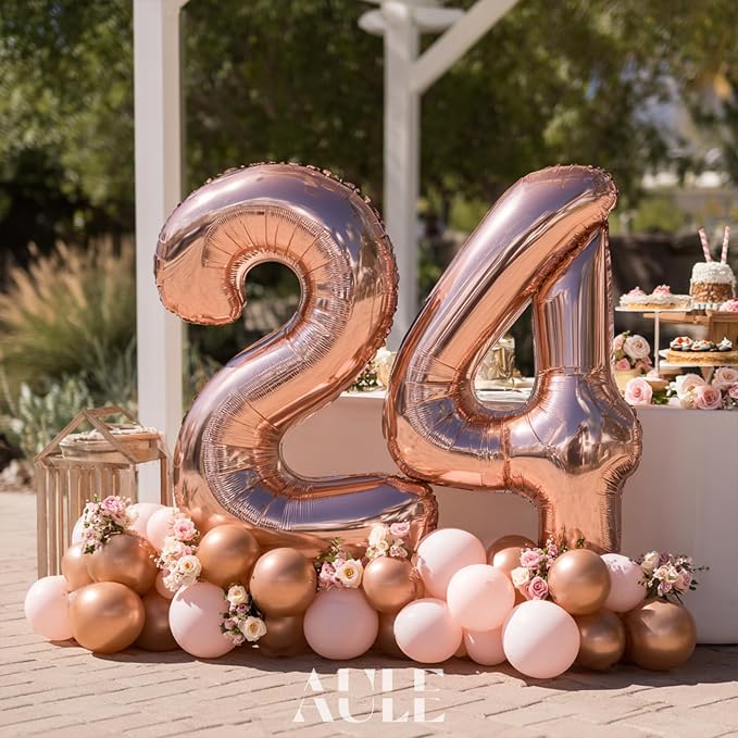 AULE 40 Inch Rose Gold 24 Balloon Number Foil 0-9 Birthday Big Numbers | - Image 2