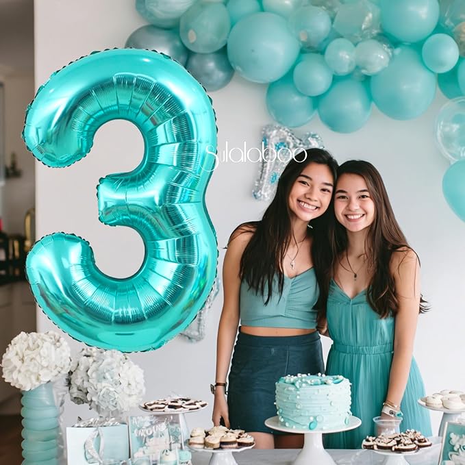 40 Inch Big Teal Blue Number 3 Foil 0-9 Mylar Helium Balloons | Large Digital - Image 3