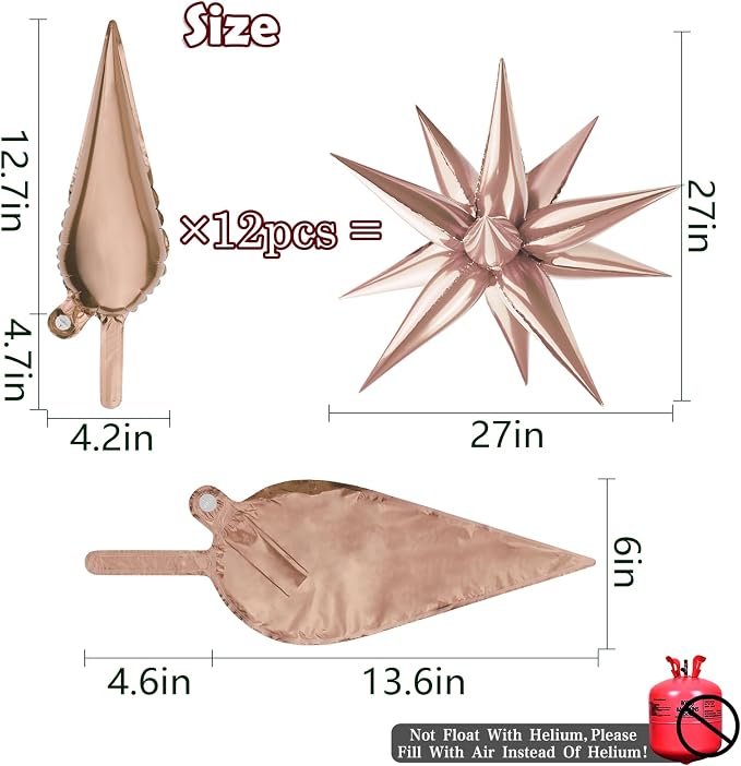 Rose Gold Star Balloon 12 Point Cone Explosion Star Foil Balloons | 60 Pcs Rose - Image 2