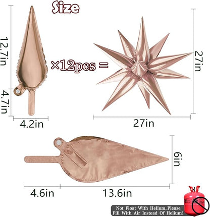Rose Gold Star Balloon 12 Point Cone Explosion Star Foil Balloons | 60 Pcs Rose - Image 2