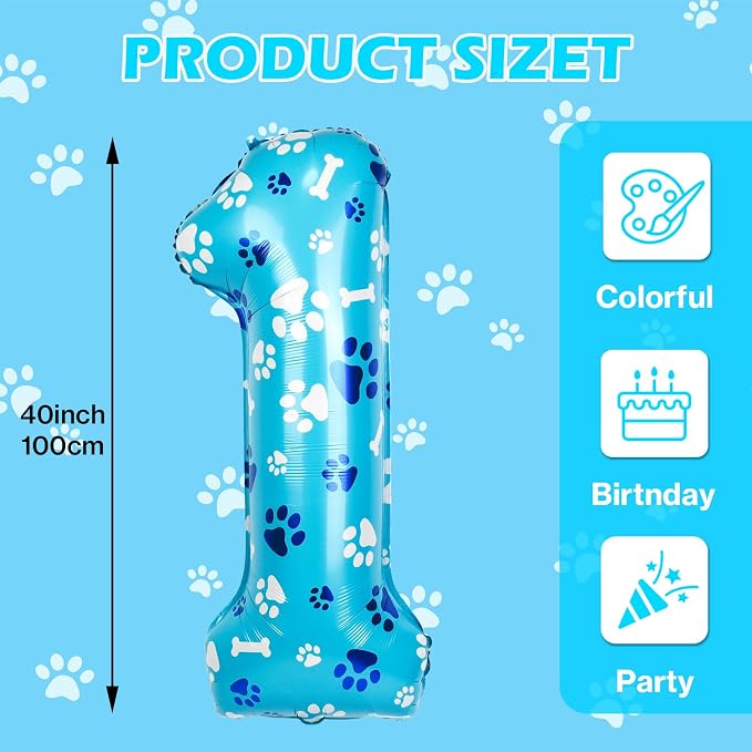 40 Inch Blue Dog Paw Birthday Balloons, Number 1 Balloons - Image 2