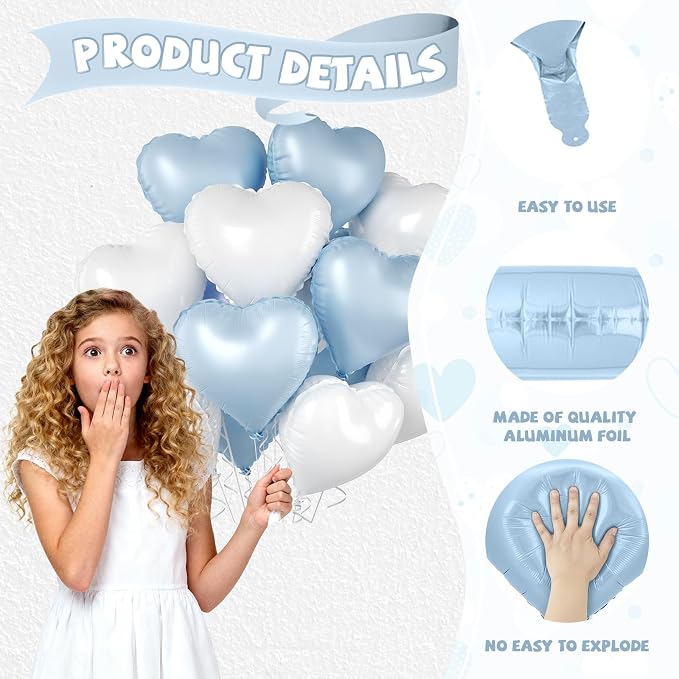 Baby Blue Heart Balloons, 18 Inch Cream Sand White Foil Balloons - Image 3