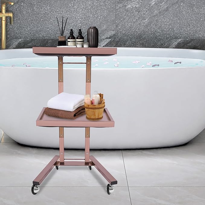 2 Tier Foldable Tray Trolley, Stainless Steel Salon Storage Metal Rolling Cart Mobile Hairdressing Tool Organizer with Wheels for Hair Salon, Studios, Spa Salons (Rose Gold)