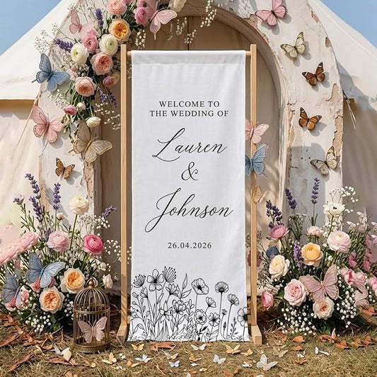 Personalized Wedding Welcome Banner Linen – Custom Names & Date, Elegant Fabric by Custom