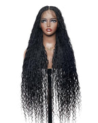 Human Hair Boho Curls Hand-Tied HD Full Lace Wig - 36" Salon-Level Small Box Synthetic Braids (121 Braids, High Density) Pre-Cut Swiss HD Lace, Pre-Plucked, Knotless, Tangle-Free - Black 1B