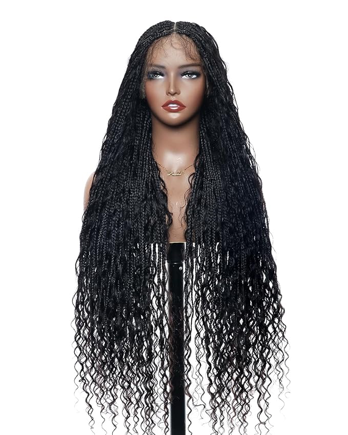 Human Hair Boho Curls Hand-Tied HD Full Lace Wig - 36" Salon-Level Small Box Synthetic Braids (121 Braids, High Density) Pre-Cut Swiss HD Lace, Pre-Plucked, Knotless, Tangle-Free - Black 1B