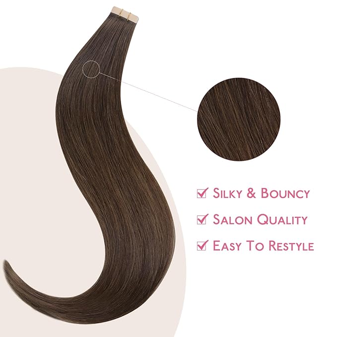 WENNALIFE Tape in Hair Extensions Human Hair Chocolate Brown Tape in Extensions, 10pcs 30g 24 inch Remy Invisible Tape Ins Straight Soft Real Human Hair Tape in Extensions Refill Set Extensions