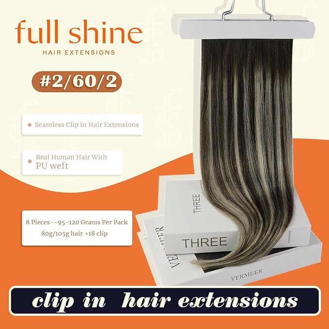 Full Shine Human Clip in Hair Extensions Balayage Seamless Clip in Hair Extensions Ombre Dark to Platinum Blonde Seamless Extension Clip ins Add Volume 18 Inch 8 PCS 120G