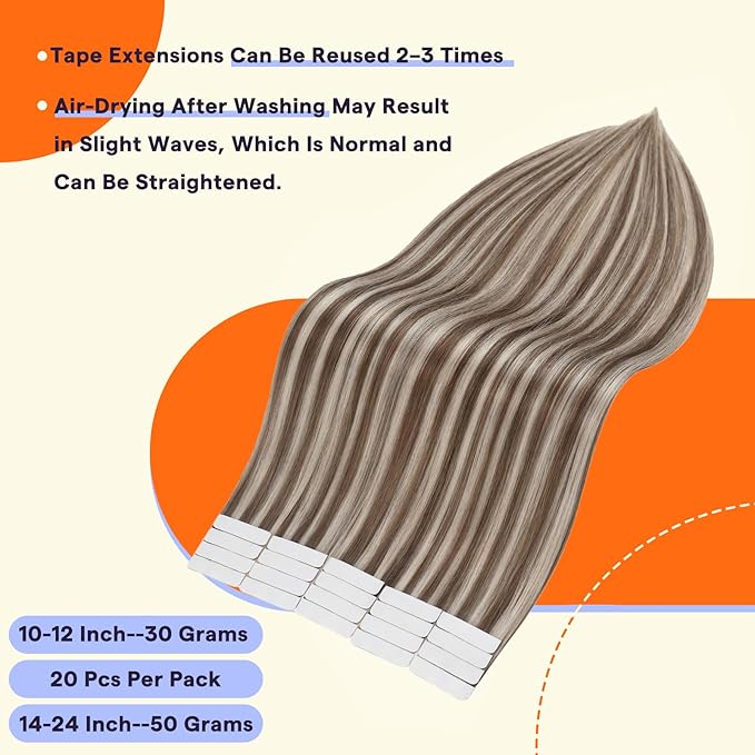 Full Shine Tape in Hair Extensions 22 Inch Color 8 Brown and 60 Blonde 50 Grams Remy Tape in Extensions Human Hair Invisible Human Hair Extensions Tape Ins 20PCS Add Length