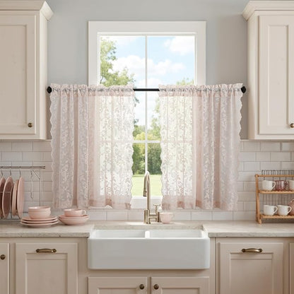 Short Blush Lace Curtains Rustic Leaf Floral W42 x L45 Inch 2 Panels | Rod by FINECITY
