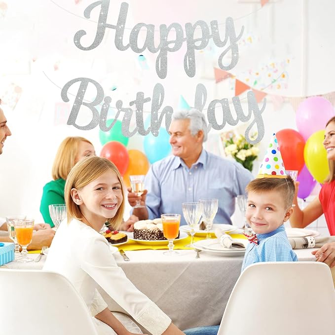 BEISHIDA Glitter Silver Happy Birthday Banner Party Decoration NO DIY 10Ft | - Image 4