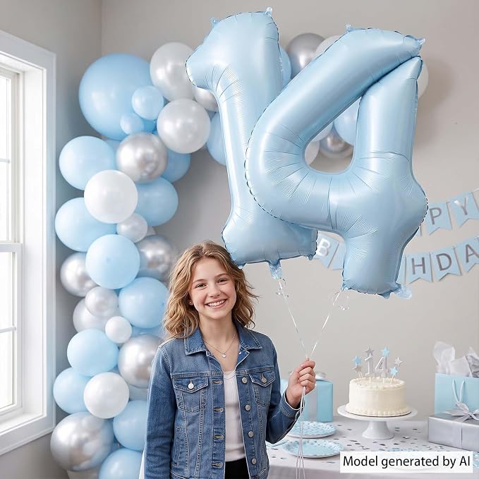 Baby Blue Number 14 Balloon 40 Inch, Sky Pastel Foil Digits Party Supplies | - Image 2