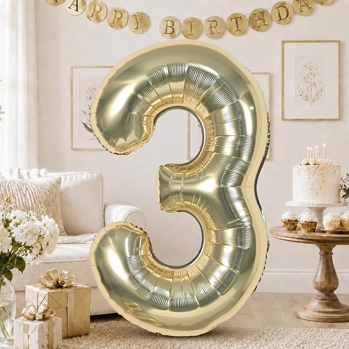 Champagne Gold Number 3 Balloon, 40 Inch Giant Light Gold Number Balloons 0-9 by KAINSY