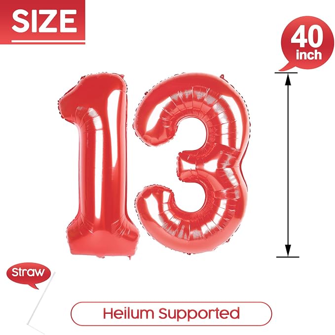 13 Balloon - Red Birthday Number Balloons, 40 Inch Decorations Men Women | Red - Image 5