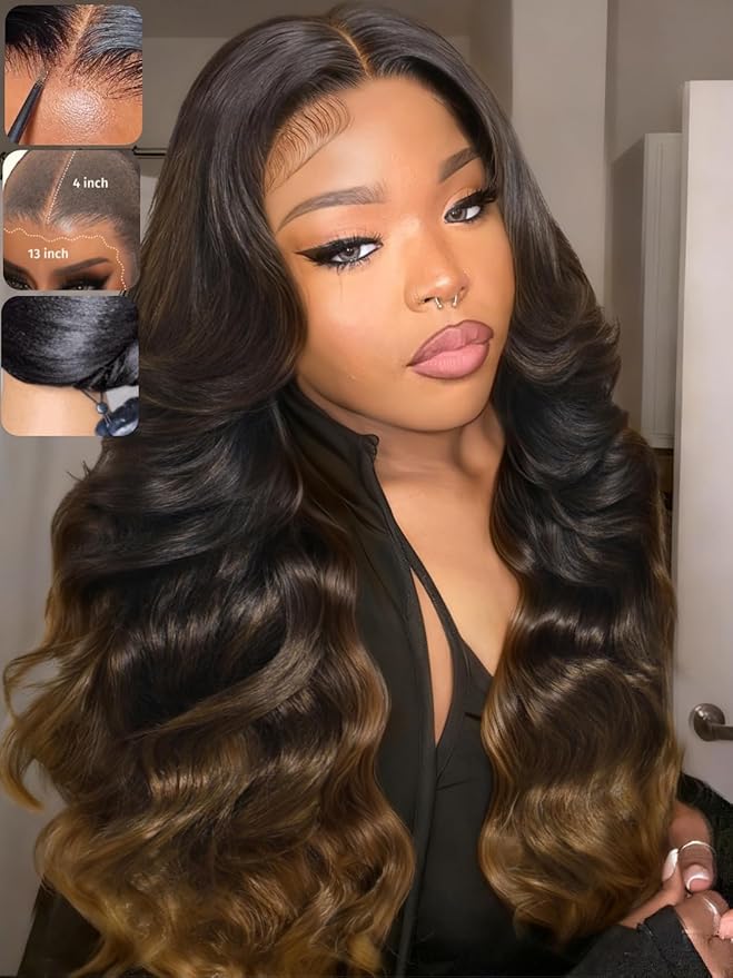 KLAIYI Ombre Brown Loose Body Wave 13x4Pre Everything Lace Frontal Chestnut Brown Drawstring Wig with Face Framing Layers Precut Lace Pre Plucked Bleached Bye Bye Knots Ready to Wear and Go Wig 20Inch