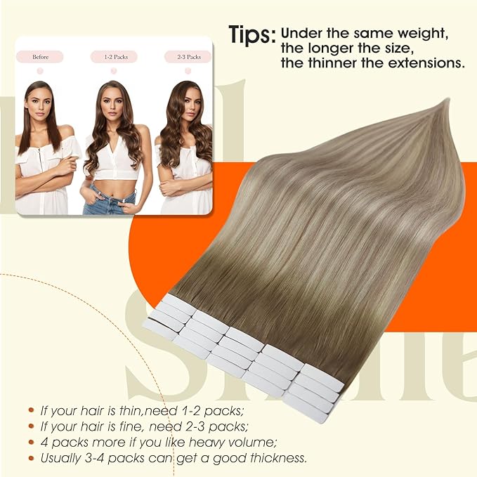 Full Shine Remy Tape in Hair Extensions Color 8 Ash Brown Ombre 60 Blonde And 18 Ash Blonde 18Inch Hair Extensions Real Human Hair Tape in 50Gram 20Pcs Add Length Seamless Natural Straight