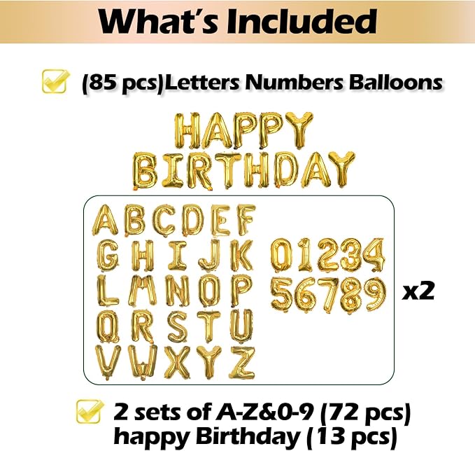 16" Gold Letter Number Balloons, Happy Birthday & 2 Sets of A-Z 0-9, Foil Mylar - Image 2