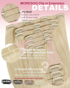 Moresoo Golden Platinum Blonde Clip in Hair Extensions Real Human Hair Seamless Pu Weft Real Hair Extensions Clip in Remy Human Hair Blonde for Women Short Invisible 120g/7pcs 14 inch