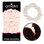 Amelia Beauty, White Satin Small Scrunchies, 12-Pack – No Damage Hair Ties for Women, Gentle & Durable Hair Accessories, 2.5in x 0.5in