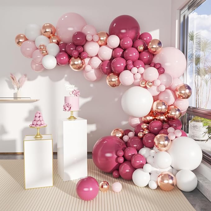 Dusty Hot Pink White Gold Balloon Garland Arch Kit, Graduation Party Decorations by MOXMAY