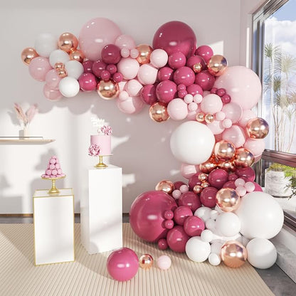 Dusty Hot Pink White Gold Balloon Garland Arch Kit, Graduation Party Decorations by MOXMAY