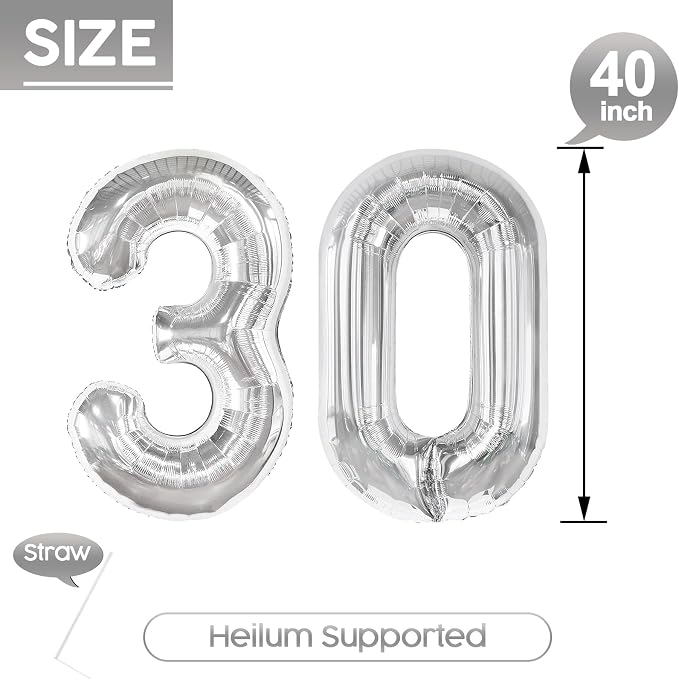 30 Balloon - Silver Birthday Number Balloons, 40 Inch Decorations Men Women | - Image 5