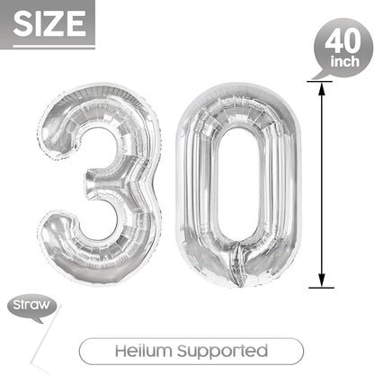 30 Balloon - Silver Birthday Number Balloons, 40 Inch Decorations Men Women | - Image 5