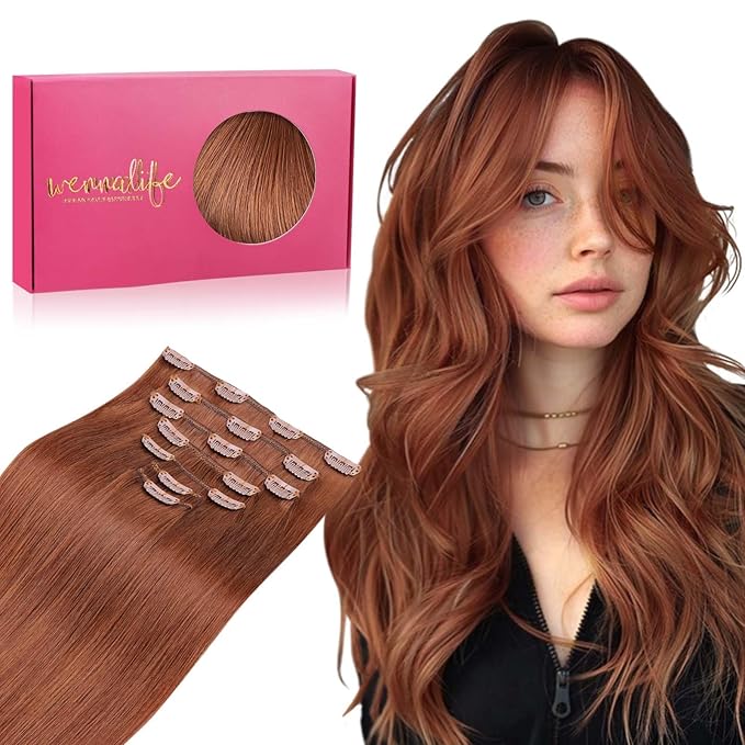 WENNALIFE Clip in Hair Extensions - 18 Inch 120g 7pcs Real Human Hair Clip Ins - Dark Auburn Copper Remy Hair