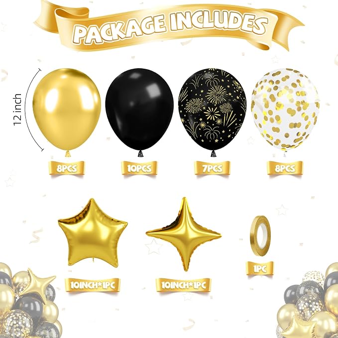 Black and Gold Balloons, Confetti Balloon 4 And 5 point Star Foil Balloon - Image 2