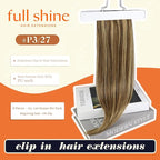 Full Shine Clip in Human Hair Extensions 16 Inch Dark Brown with Honey Blonde Highlights Straight Seamless Human Hair Clip in for Women Add Volume 8 PCS 120 G