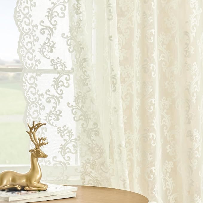 FOLKSIDE Ivory Lace Curtains, 2 Panels, Rod Pocket, Sun Protection, Living Room - Image 4