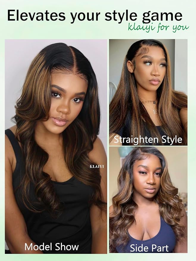 KLAIYI Bye Bye Knots Glueless Ombre Brown Body Wave Pre Cut 7x5 Lace Front Wigs Human Hair Drawstring Pre Plucked Bleached Pre Everything Ready to Wear and Go Wig Highlight Balayage Colored Wig 22Inch