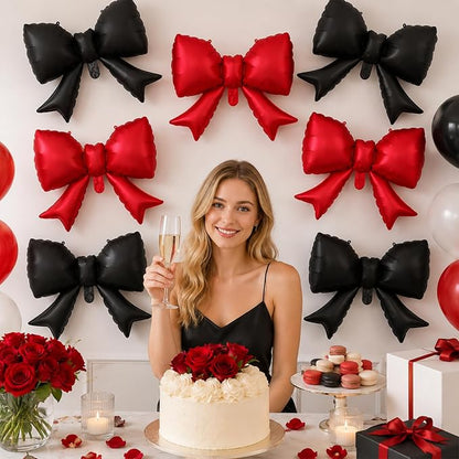 8Pcs Black Red Bow Foil Balloons, 21Inch Black and Red Bow Shaped Balloons - Image 4