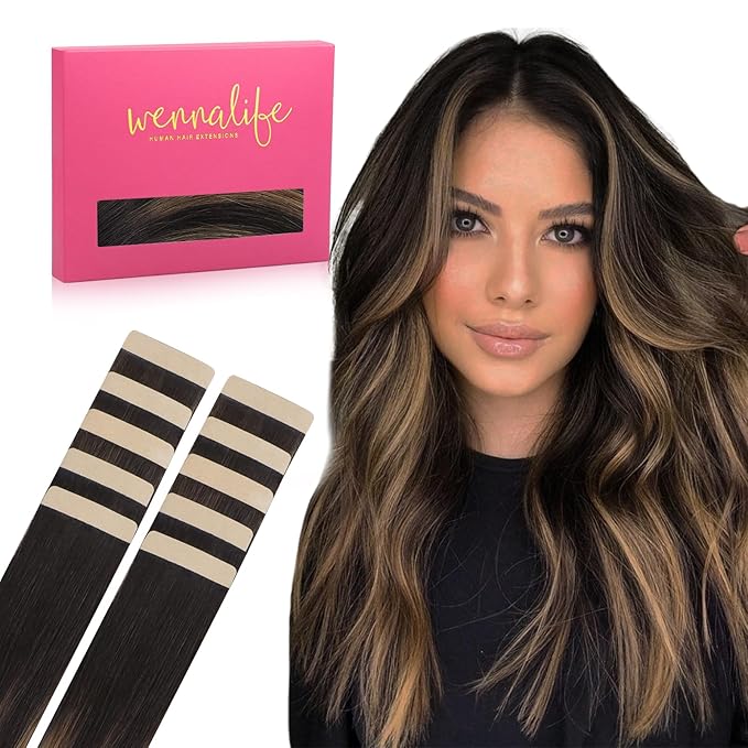 WENNALIFE Tape in Hair Extensions Human Hair Balayage Natural Black to Chestnut Brown Tape in Extensions, 10pcs 30g 24 inch Remy Invisible Tape Ins Straight Soft Real Human Hair Tape in Extensions