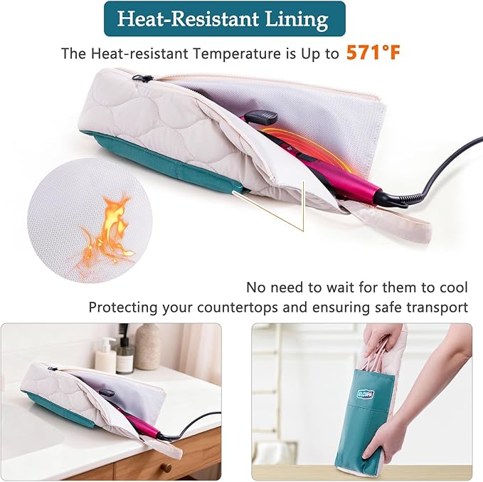 Heat Resistant Hair Tool Organizer Bag with Hanging Loop, Portable Travel Case for Flat Irons, Curling Irons, Hair Straighteners & Hot Styling Tools, 13.5" Heat-Proof Storage Cover with 2 Pockets
