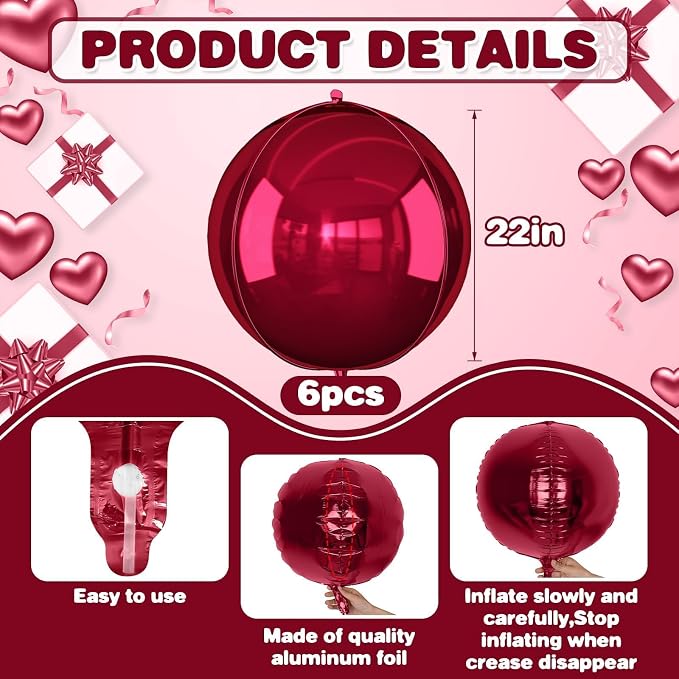 6Pcs Burgundy Round Foil Balloons, Giant 4D Round Ball Balloon, 22 Inch - Image 2