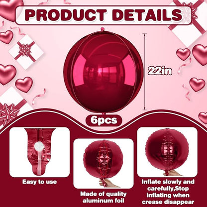 6Pcs Burgundy Round Foil Balloons, Giant 4D Round Ball Balloon, 22 Inch - Image 2