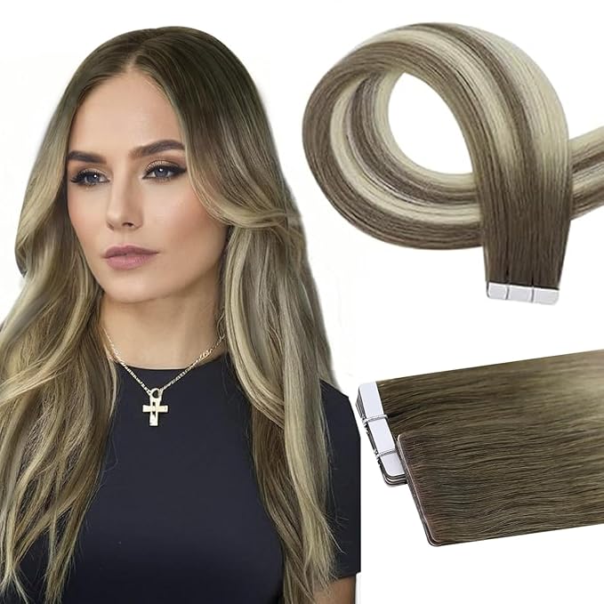 Full Shine Invisible Tape in Hair Extensions Human Hair 22 Inch Color 8 Brown to 8 Ash Brown and 613 Blonde Virgin Injection Tape in Extensions 5Pcs 12.5Grams Seamless Skin Weft Human Hair for Women