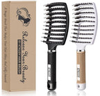 Detangling Brush Boar Bristles Set KTKUDY Hair Brush Curved and Vented Detangler Brush for Women Men Kids Wet and Dry Hair (Black&White)