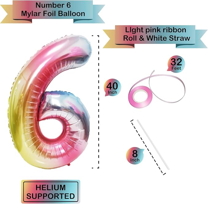 40 Inch Giant Rainbow Number 6 Balloons, Birthday Balloons, Helium Mylar Foil - Image 3