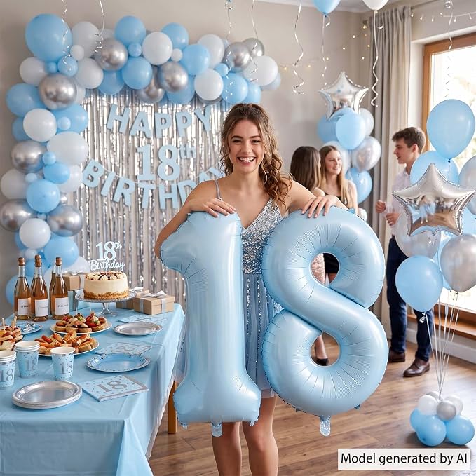 Baby Blue Number 18 Balloon 40 Inch, Sky Pastel Foil Digit Party Supplies | - Image 6