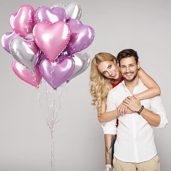 Pink Purple Foil Heart Balloons, 18 Inch 12Pcs Lavender Purple Pink and Silver - Image 4