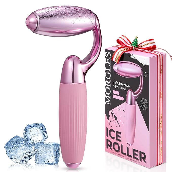 MORGLES Ice Roller for Face, Professional Face Roller Cryotherapy Tool to Reduce Puffiness, Redness & Headaches, Tighten Skin and Improve Lymphatic Drainage with Ergonomic Handle (Pink)