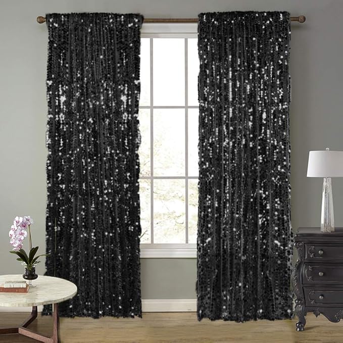 18MM Black Big Sequin Payatte Backdrop Curtains 4.5FTX9FT 2 Panels-Black Drapes by SFNSKY