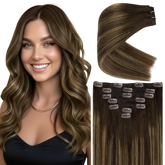 Ve Sunny Brown Clip in Hair Extensions Real Human Hair Balayage Clip in Human Hair Extensions Brown with Caramel Blonde Clip on Hair Extensions for Women 16inch 120g 7pcs