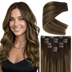 Ve Sunny Balayage Clip in Hair Extensions Human Hair Clip in Extensions Ombre Dark Brown Roots with Caramel Blonde Balayage Clip in Hair Extensions Real Human Hair 18inch 120g 7pcs