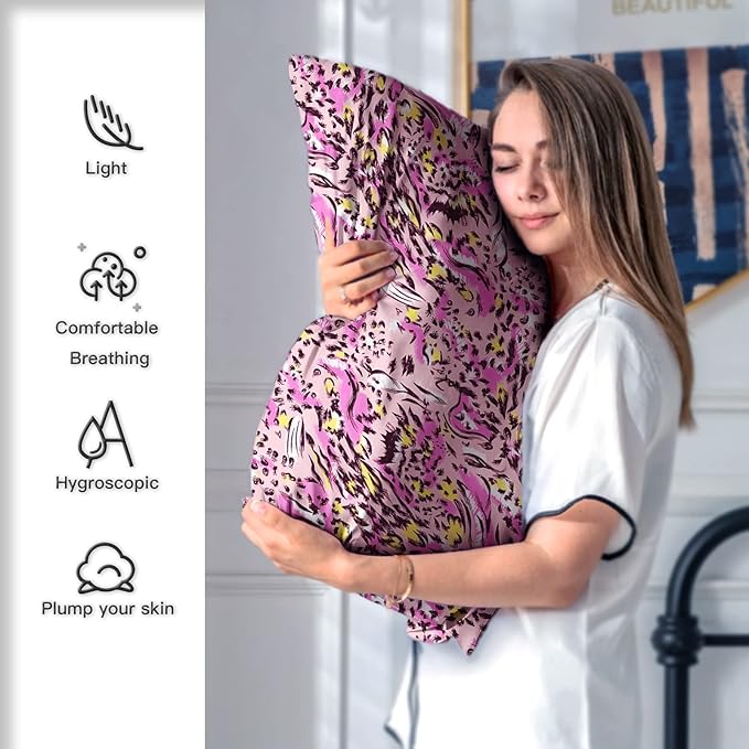 Mulberry Silk Pillowcase for Hair and Skin King Size Leopard Print Silk Pillow Cases with Zipper Soft Breathable Smooth Cooling Silk Pillow Covers for Sleeping (Pink Paint,20"X 36",1Pcs)